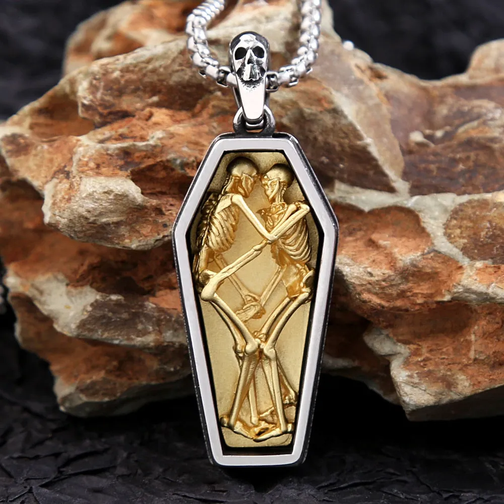 Stainless Steel Vintage Double Skull Coffin Pendant Necklace