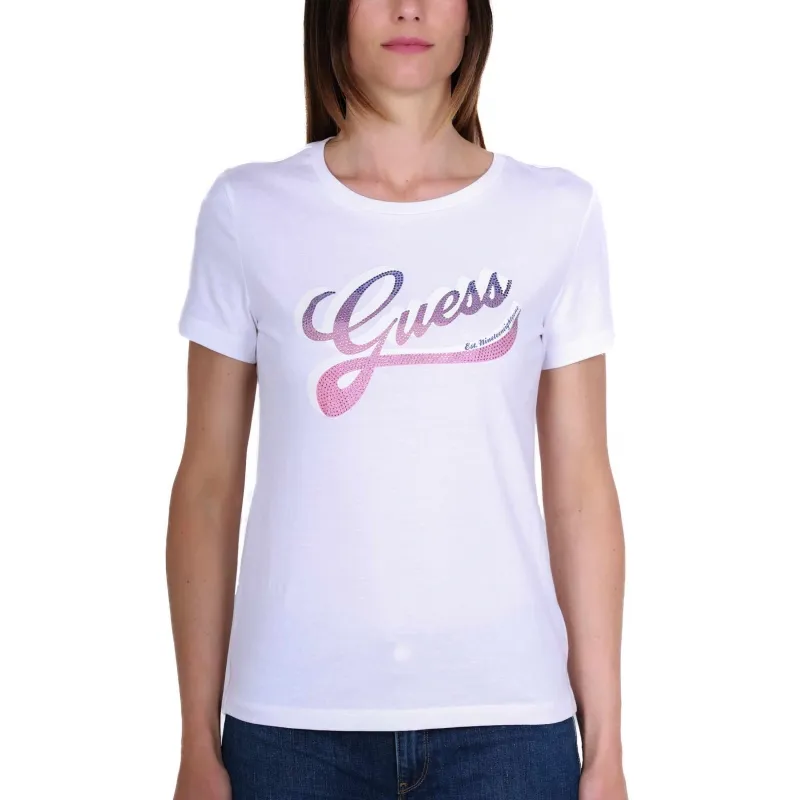 T-SHIRT CON STAMPA LOGO E STRASS, BIANCO