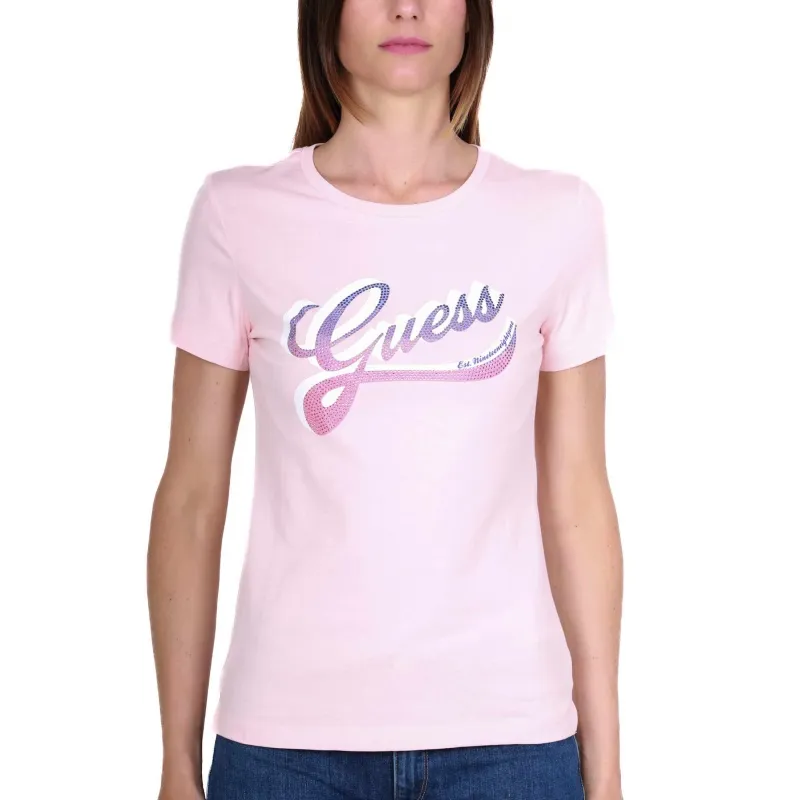 T-SHIRT CON STAMPA LOGO E STRASS, ROSA