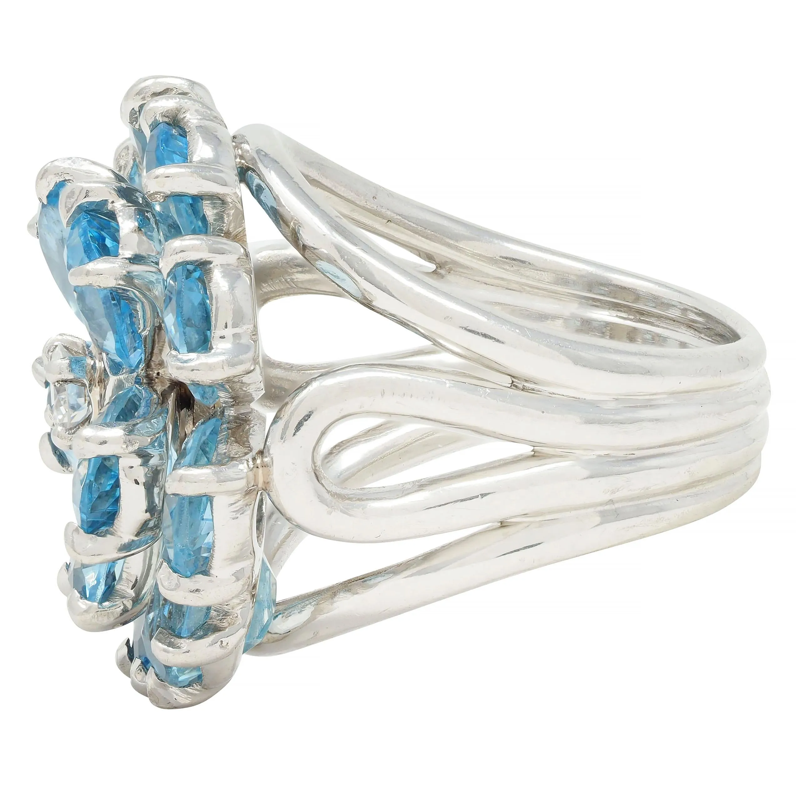 Tiffany & Co. 1960s 5.71 CTW Aquamarine Diamond Platinum Flower Vintage Cocktail Ring