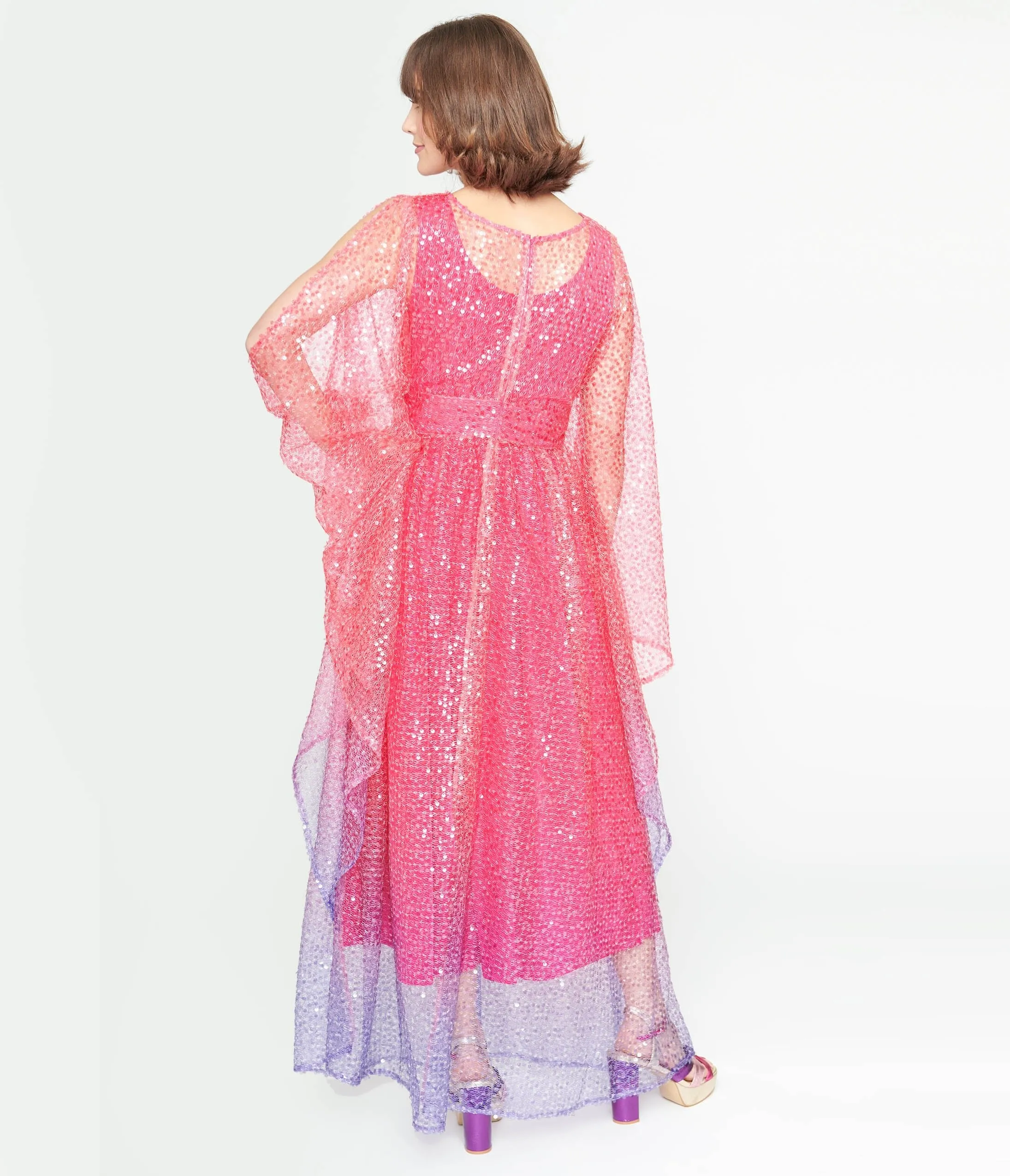 Unique Vintage 1970s Sheer Pink & Purple Ombre Sequin Flutter Sleeve Caftan