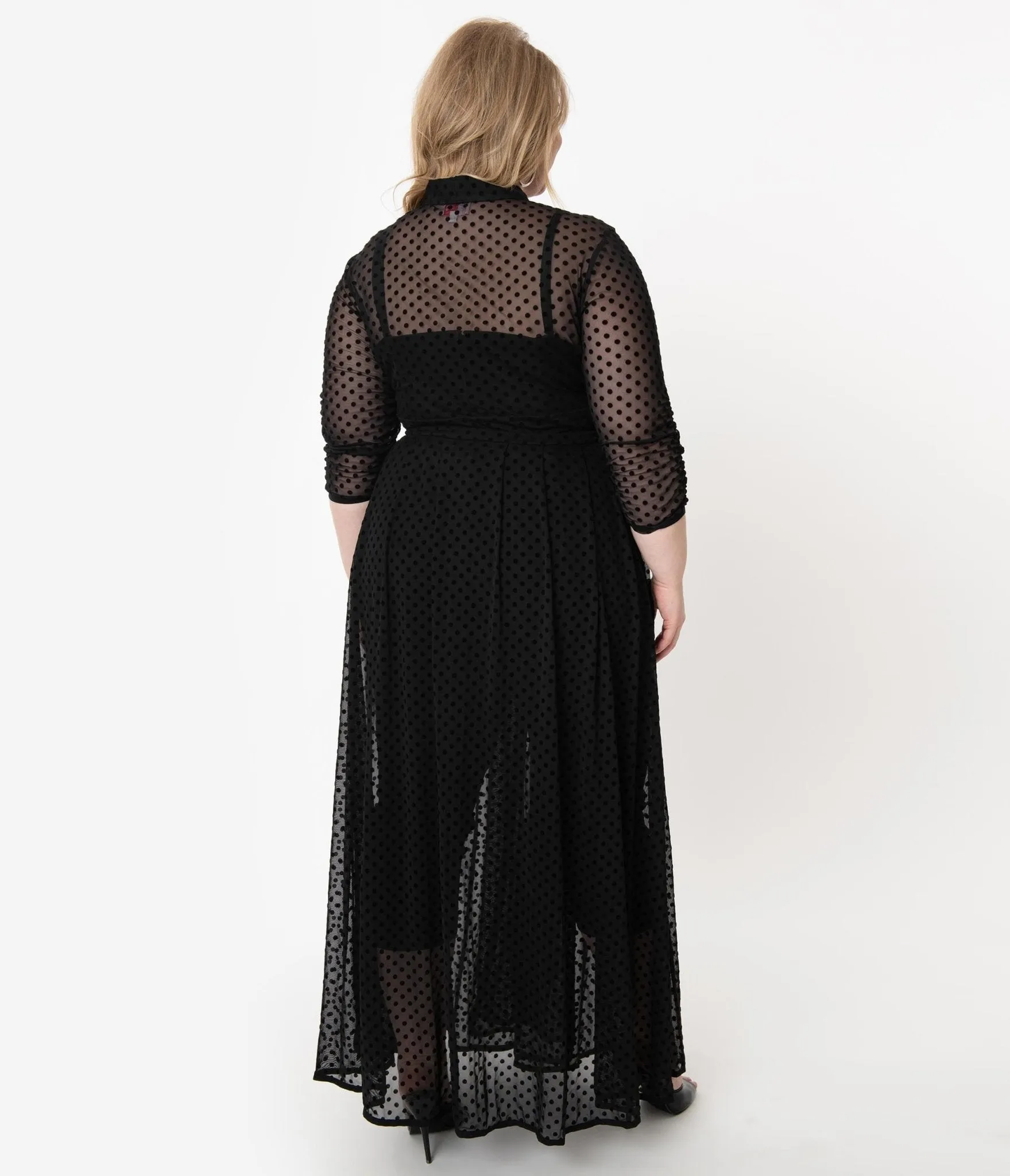 Unique Vintage Plus Size Black Swiss Dot Starlet Duster