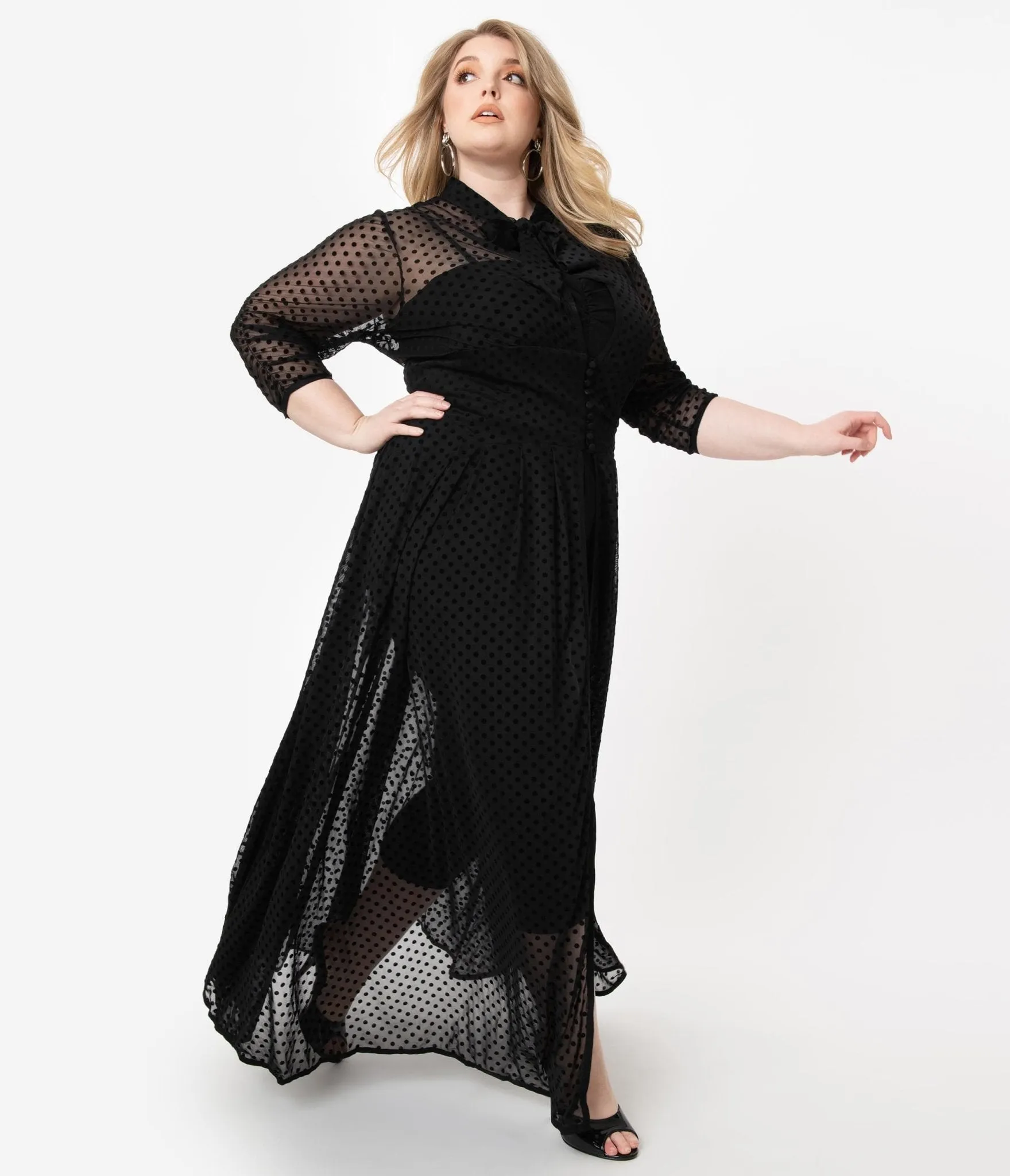 Unique Vintage Plus Size Black Swiss Dot Starlet Duster