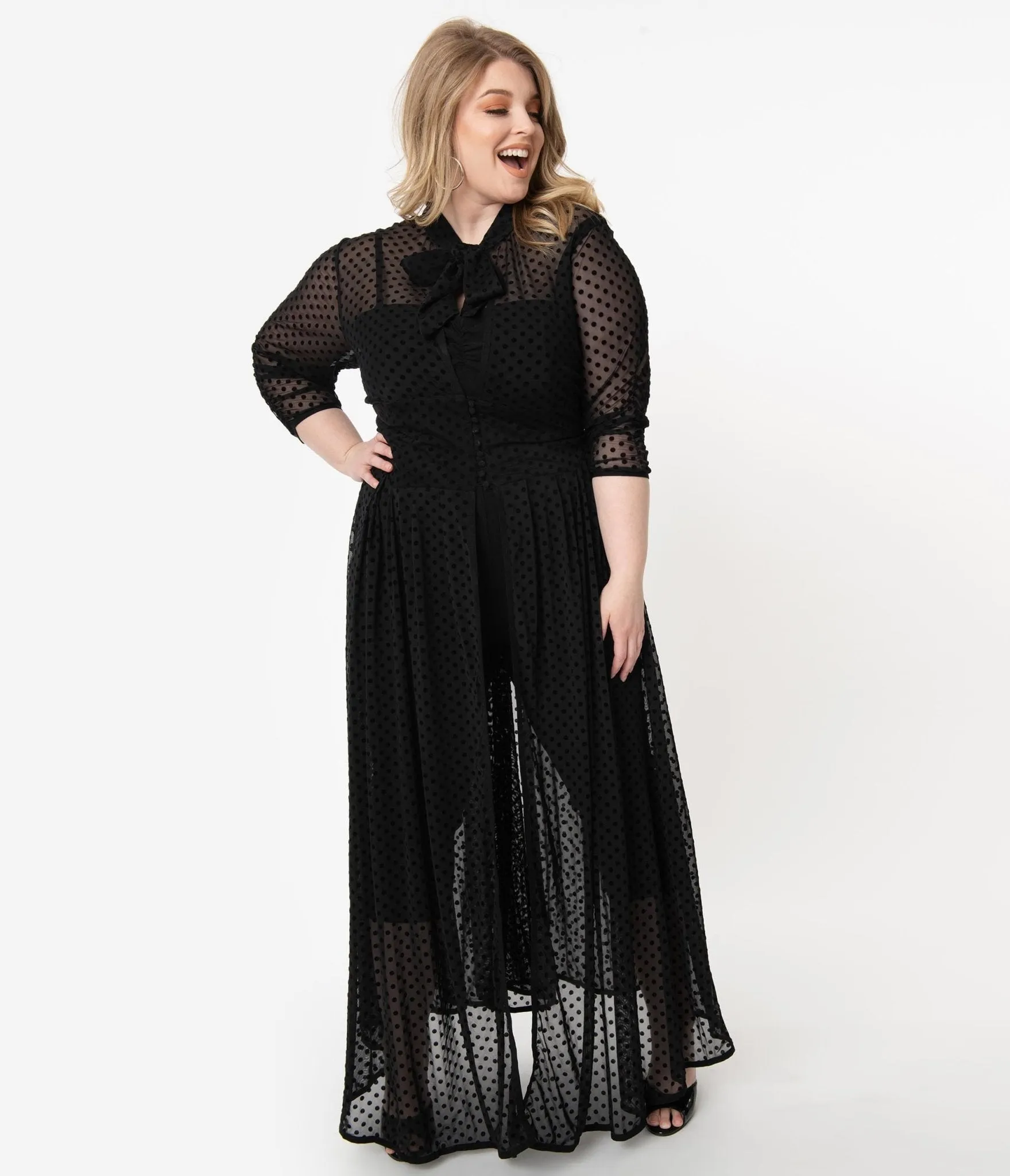 Unique Vintage Plus Size Black Swiss Dot Starlet Duster