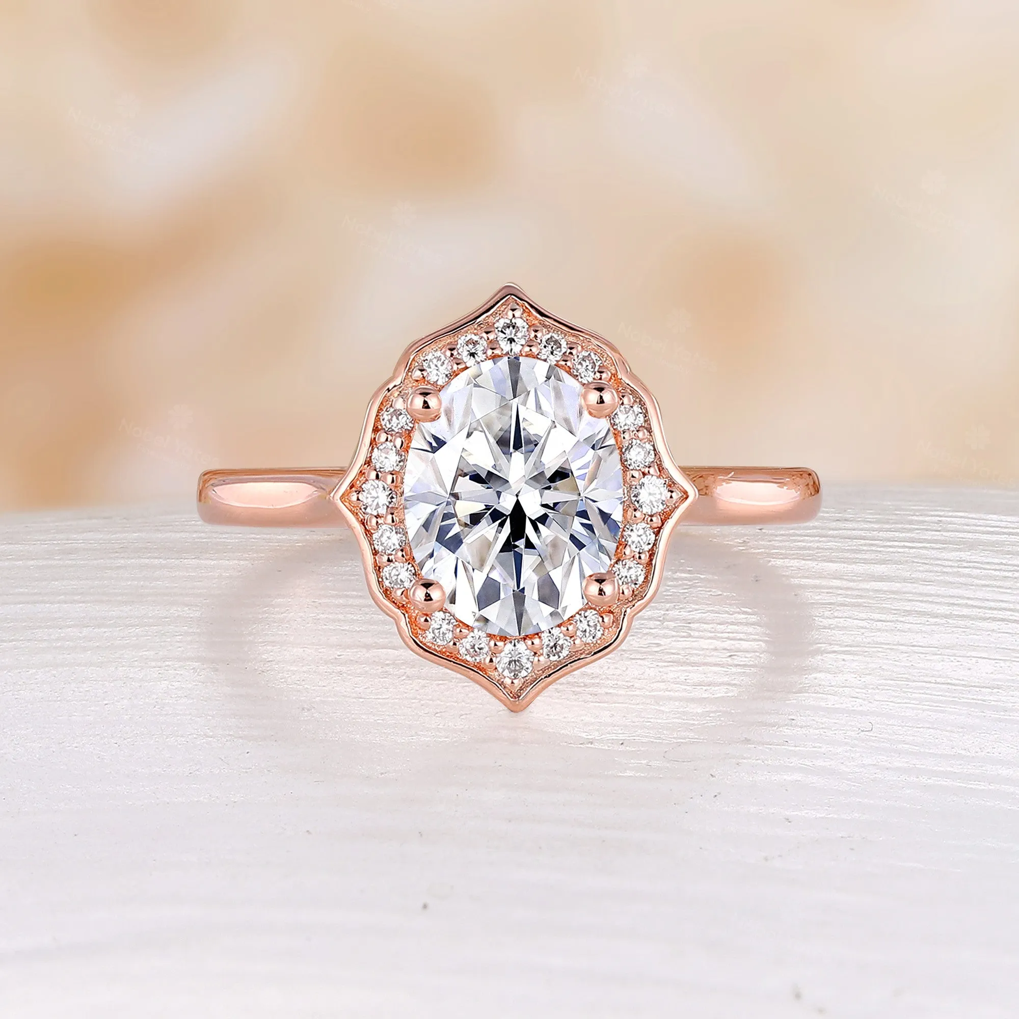 Vintage Oval Shape Moissanite Engagement Ring Rose Gold Halo