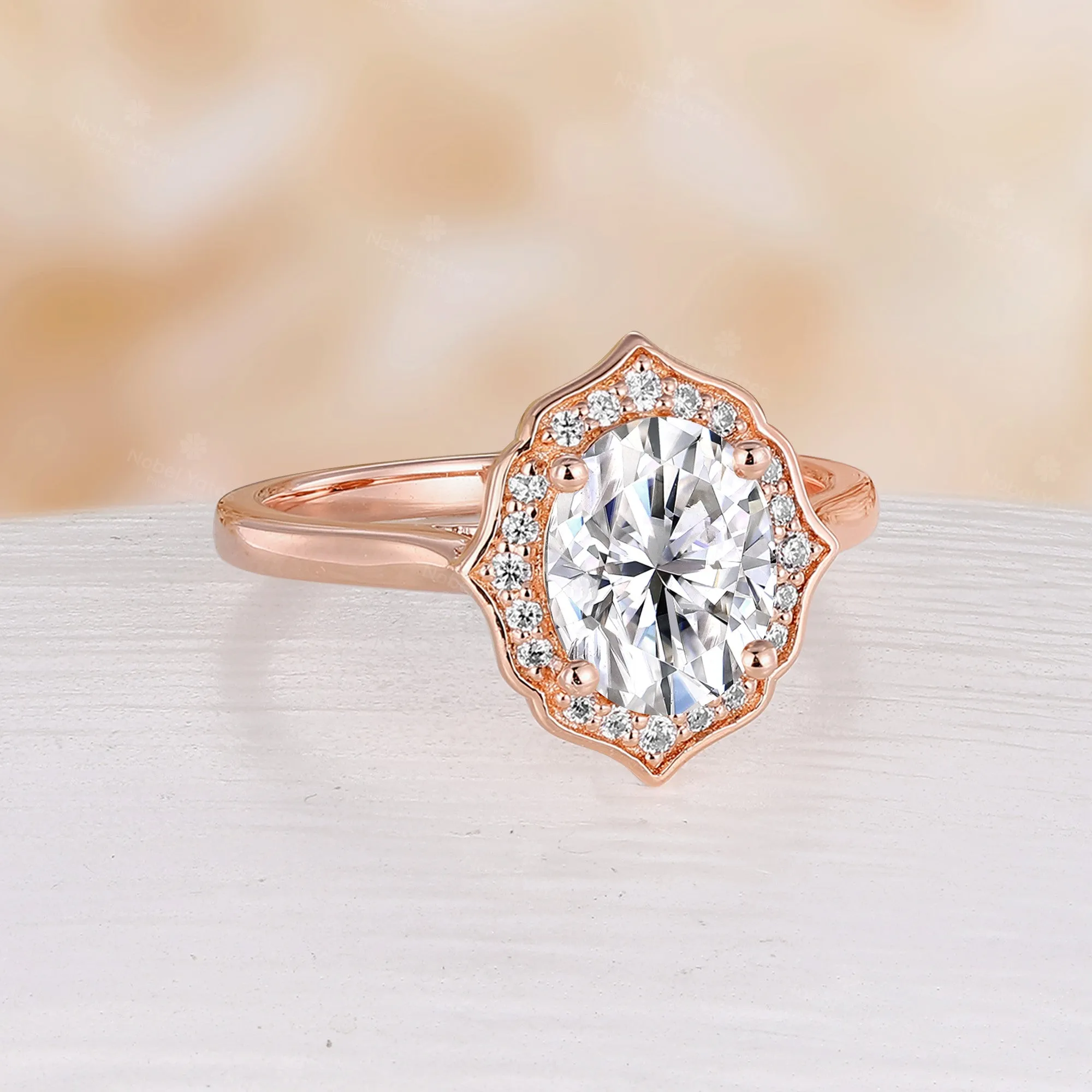 Vintage Oval Shape Moissanite Engagement Ring Rose Gold Halo