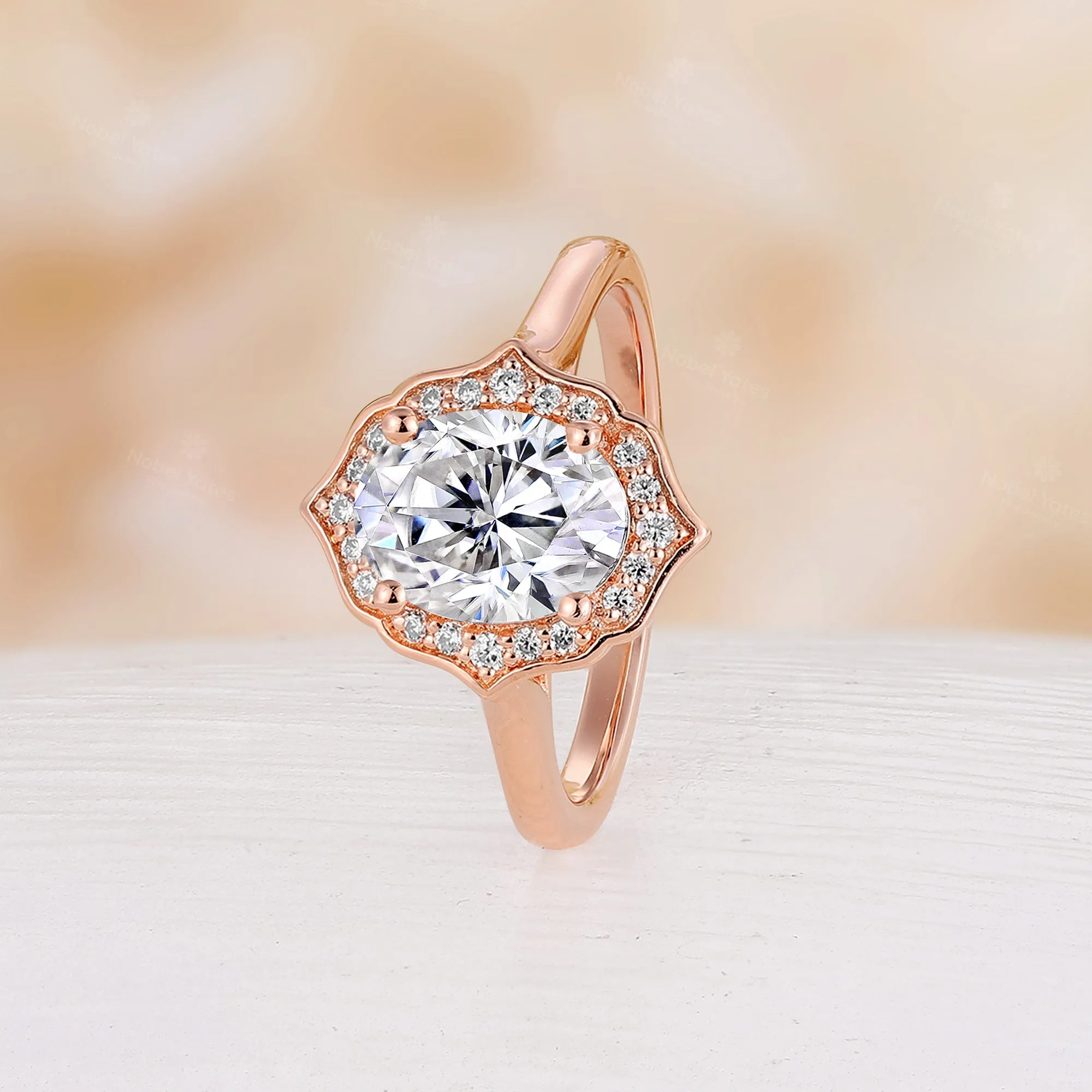 Vintage Oval Shape Moissanite Engagement Ring Rose Gold Halo