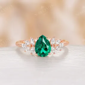 Vintage Pear Lab Emerald Cluster Engagement Ring Rose Gold