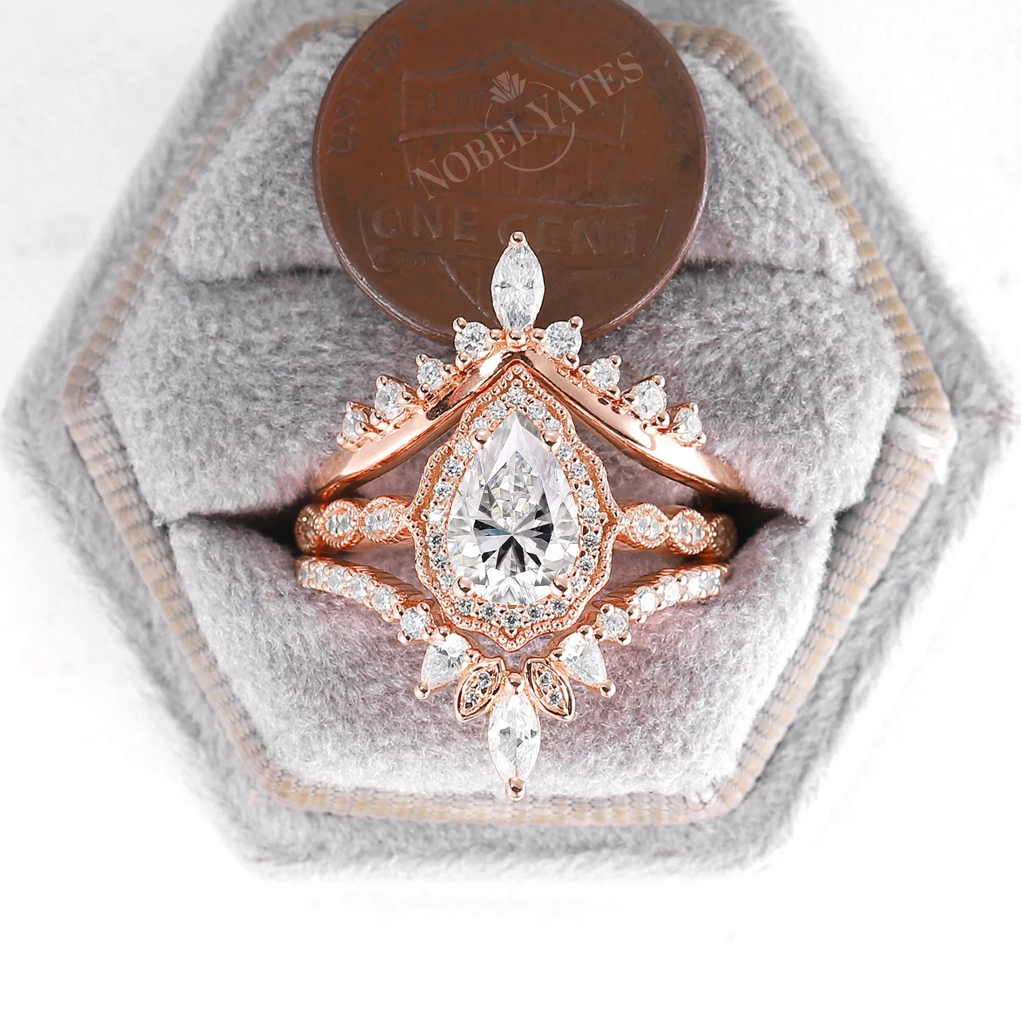 Vintage Pear Moissanite Rose Gold Halo & Milgrain Engagement Ring Set