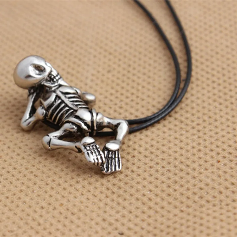 Vintage Skull Boy Pendant Necklace with Leather Rope