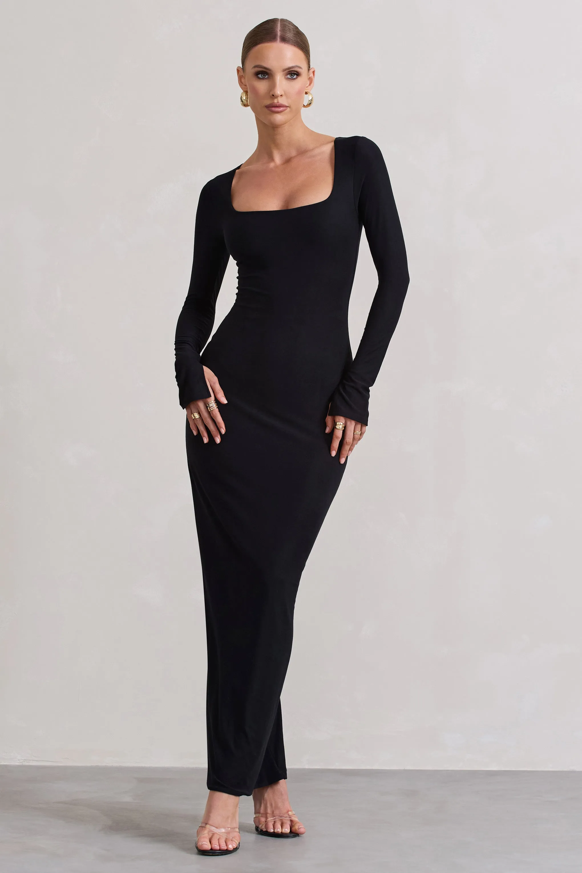 Viva | Black Square-Neck Long-Sleeve Maxi Dress