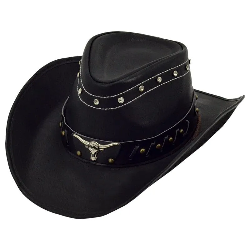 Western Leather Cowboy Hat - Black Hat with Cow Head Decoration