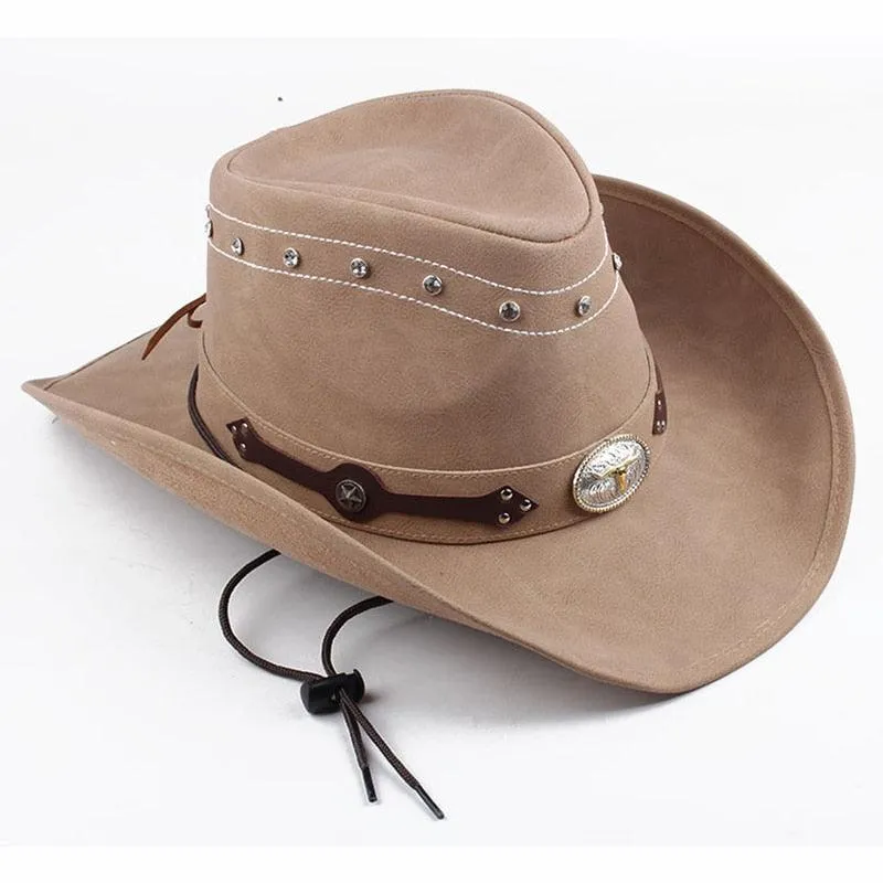 Western Leather Cowboy Hat - Black Hat with Cow Head Decoration