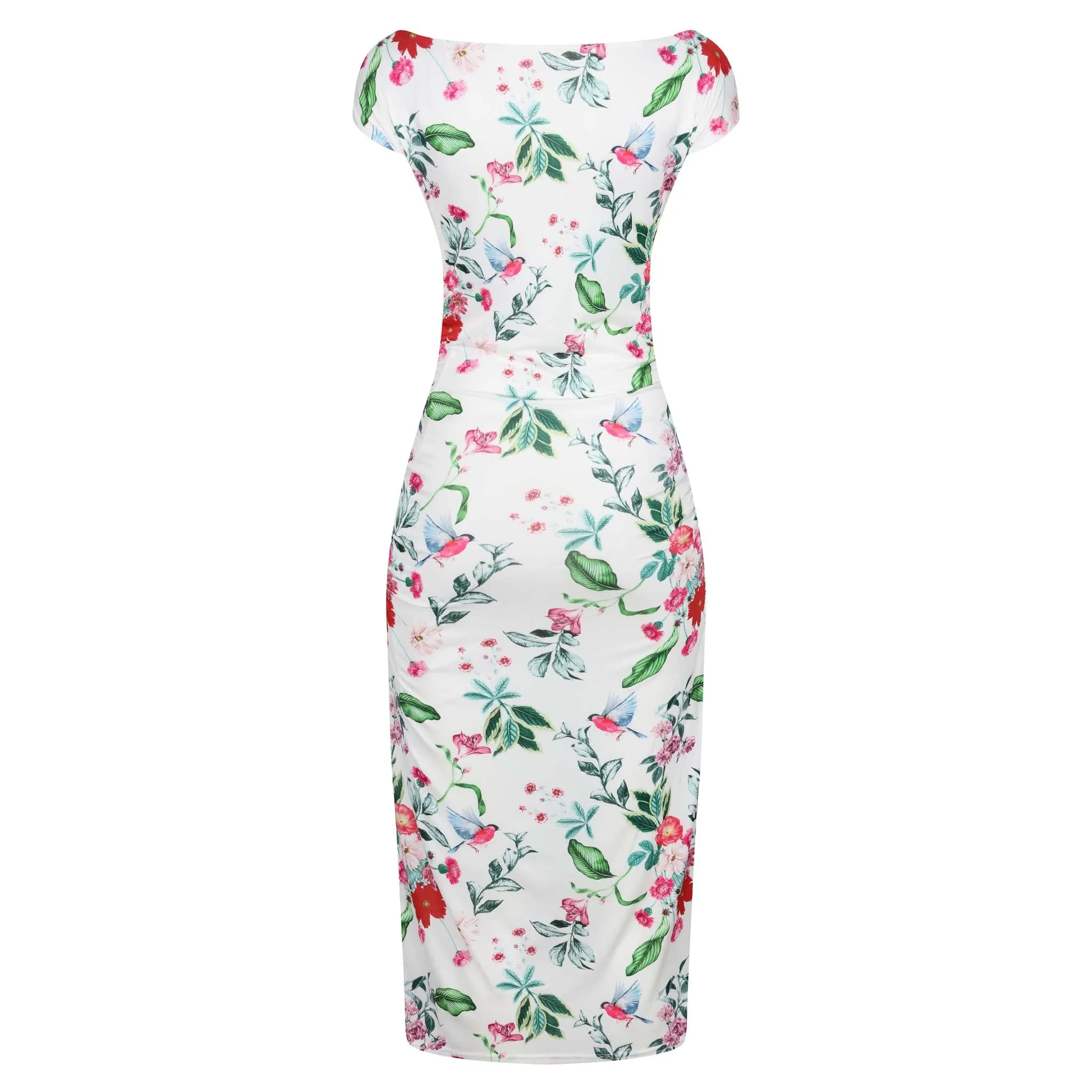 White Floral Print 40s Style Cap Sleeve Slinky Pencil Wiggle Dress