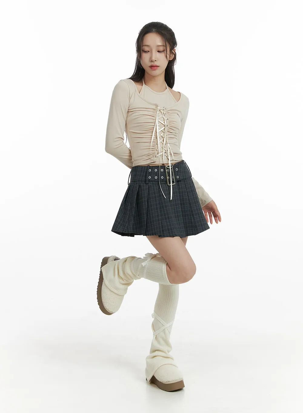 Wide Belt Checkered Mini Skirt CF429