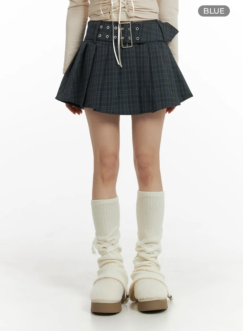 Wide Belt Checkered Mini Skirt CF429