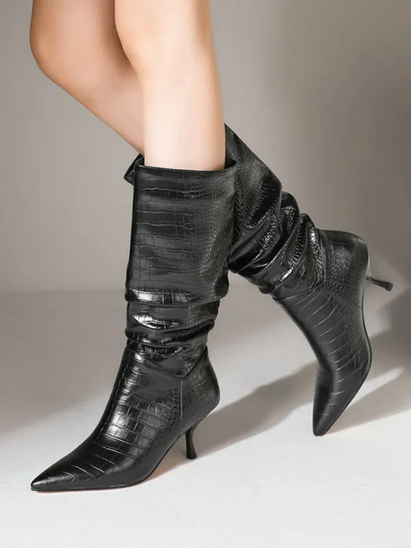 Women Boots Stiletto Heel Pointed Toe PU Leather Black Mid Calf Boots