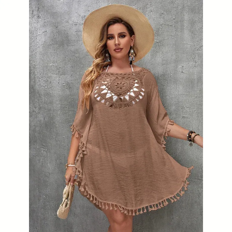 Women's Elegant Cotton Plus Size Solid Pattern Cover-Up Beachwear