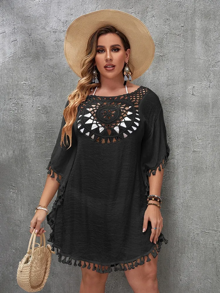 Women's Elegant Cotton Plus Size Solid Pattern Cover-Up Beachwear