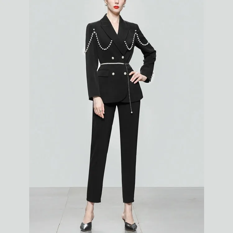 Women's Formal High Waist Long Sleeve Chain Blazer 2 Piece Suits