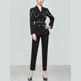 Women's Formal High Waist Long Sleeve Chain Blazer 2 Piece Suits