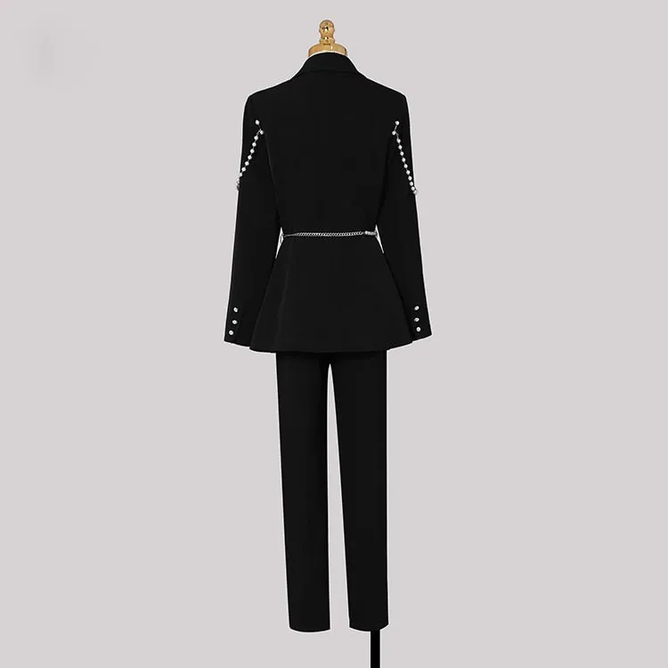 Women's Formal High Waist Long Sleeve Chain Blazer 2 Piece Suits