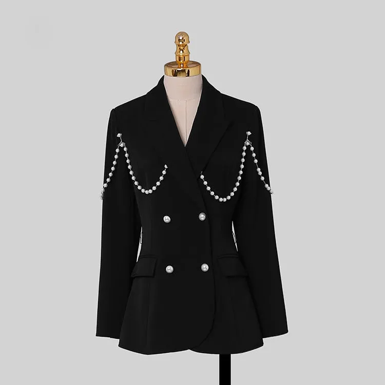 Women's Formal High Waist Long Sleeve Chain Blazer 2 Piece Suits