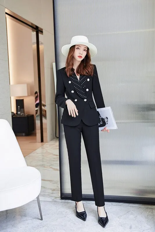 Women's Formal Long Sleeve Slim Blazer and Pants Two Piece Suits