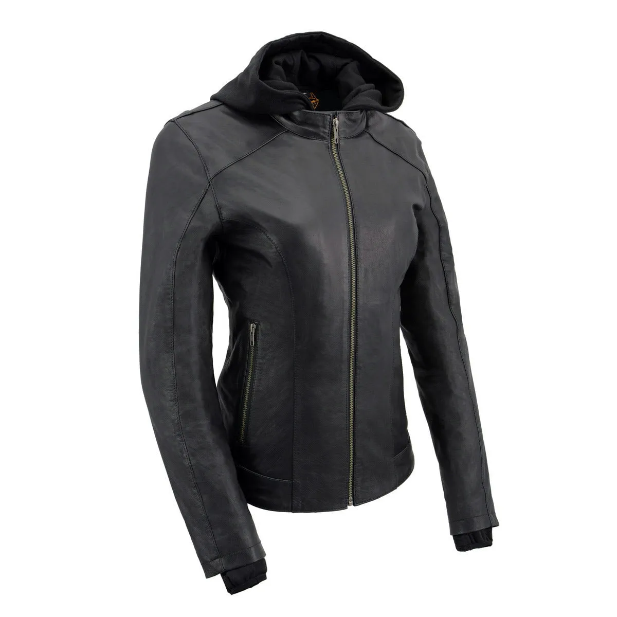 Women's Lightweight Black Leather Jacket w/ Removable Hood