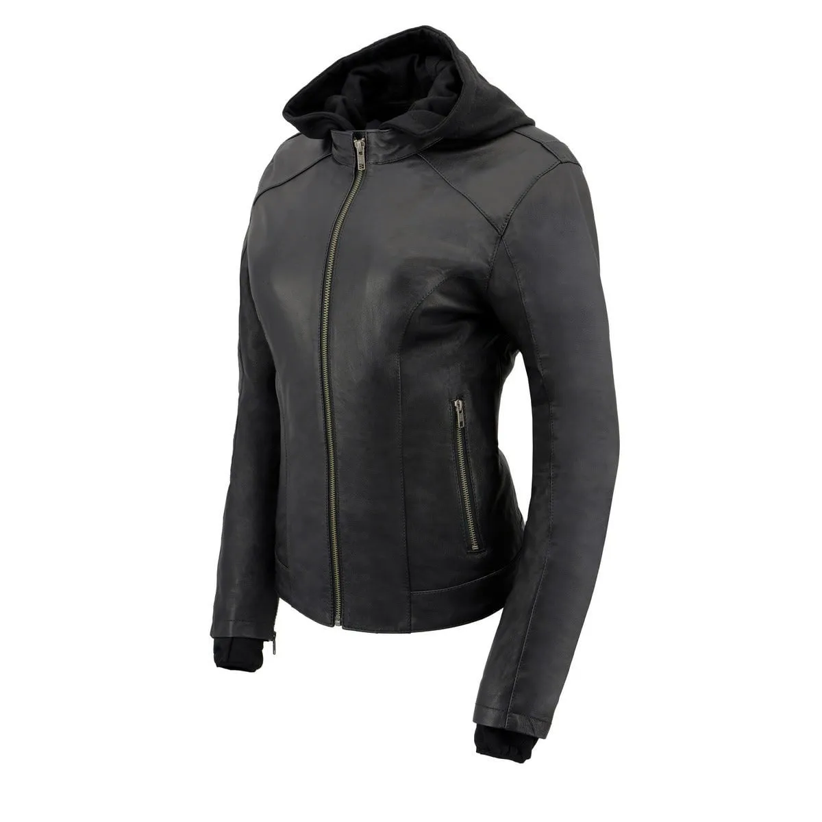 Women's Lightweight Black Leather Jacket w/ Removable Hood