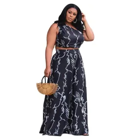 Women's Sexy Printed Crop Top Loose Wide Leg Two Pieces Suits