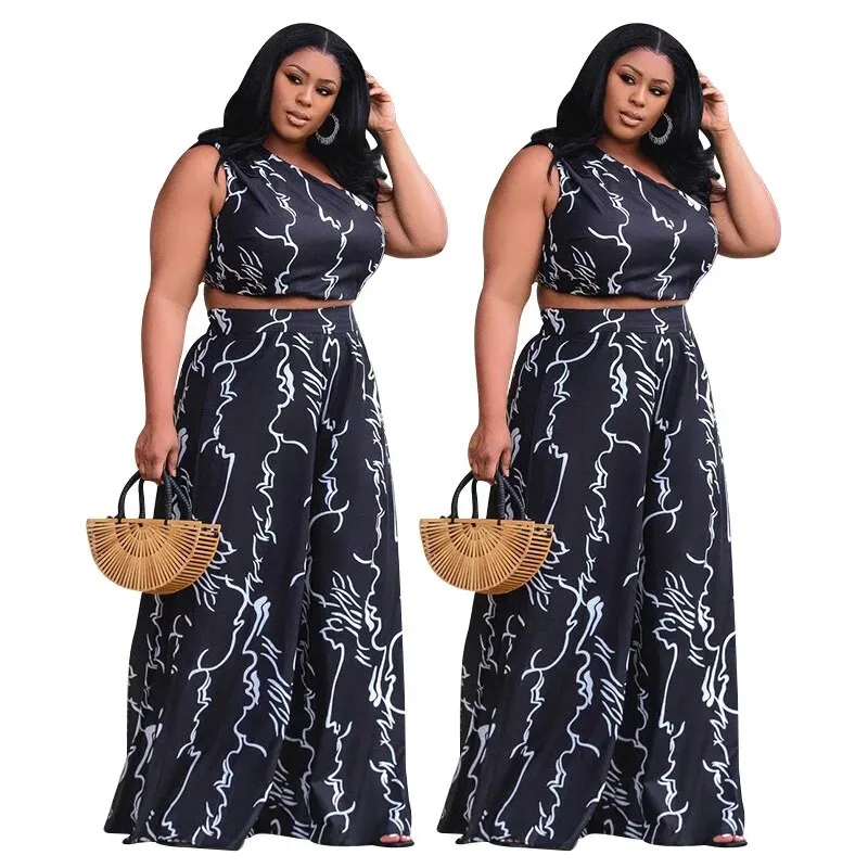 Women's Sexy Printed Crop Top Loose Wide Leg Two Pieces Suits