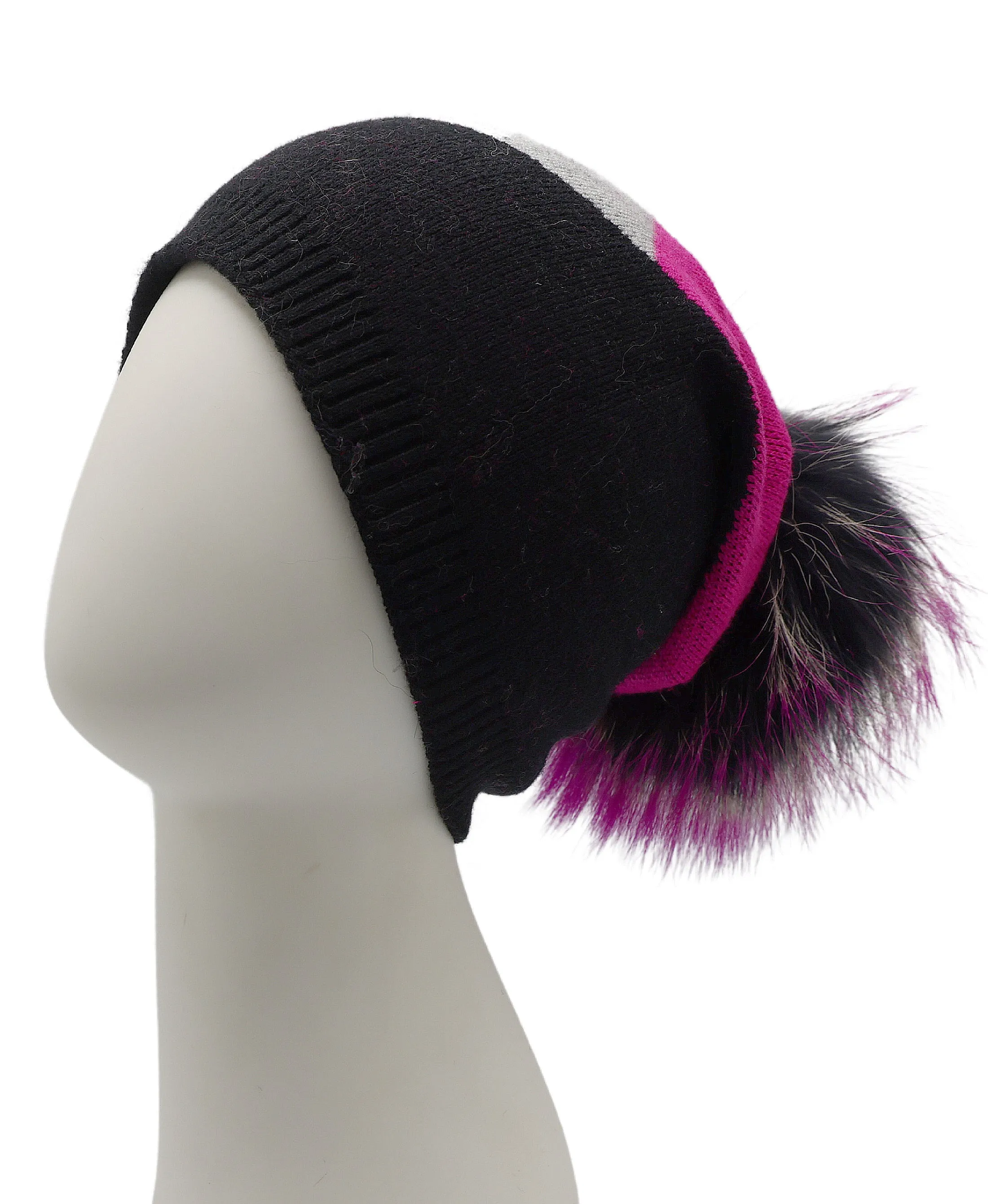 Wool Color Block Knit Hat w/ Fur Pom